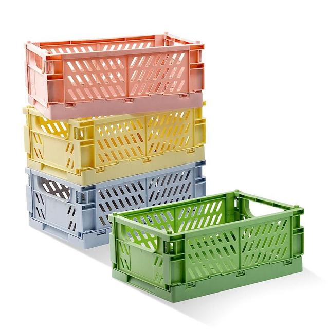 Xhwykzz 4 Pack Pastel Crates for Storage, Plastic Folding Baskets, Cute Colorful Organizing Crates for Bedroom Office Classroom Bathroom Desktop Drawer Shelf (9.8x6.5x3.8inch）