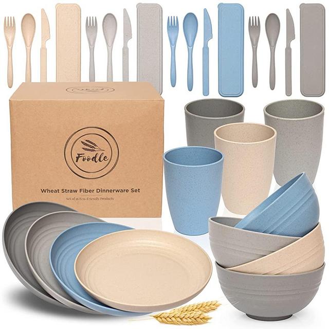 FOODLE Wheat Straw Dinnerware Sets - (28pcs) Lightweight & Unbreakable Dishes - Microwave & Dishwasher Safe - Perfect for Camping, Picnic, RV, Dorm - Plates, Cups and Bowls - Great for Kids & Adults