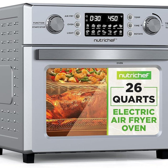NutriChef 26L Electric Air Fryer Oven | 1700W Countertop Rotisserie & Air Fryer | 360° Rotating Feature | 10 Menu Presets | Includes Drip Tray, Air Frying Basket & Bake Rack 15x16x14 | Stainless Steel