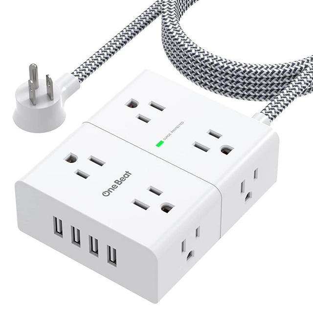 Extension Cord 10 Ft, 3-Side Surge Protector Power Strip, 8 Widely Outlets 4 USB Ports, 10 Feet Long Power Cord, Flat Plug, Wall Mount Outlet Extender Desk Charging Station for Home Office, 900J, ETL