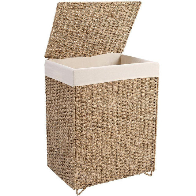PrimeZone 90L Laundry Hamper with Lid - 23.8 Gal Natural Seagrass Hand Woven Laundry Basket Organizer with Removable Liner, Foldable Rattan Clothes Hamper Toys Storage Bin for Bathroom, Bedroom