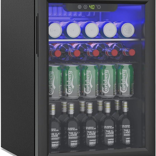 Erivess Compact Beverage Refrigerator, 105 Can/2.7 Cubic Feet Fridge with Glass Front Door for Soda, Beer or Wine, Under Counter Small Refrigerator with Adjustable Shelve & Digital Display(Black)