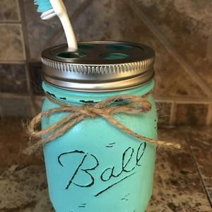 Toothbrush Holder Mason Canning JAR Hand PAINTED & Distressed Ball Pint ~ Stainless Steel Silver ~ Bathroom Decor ~Gray Grey Seafoam Light Blue Turquoise Pewter Green Cream Tan Brown Yellow