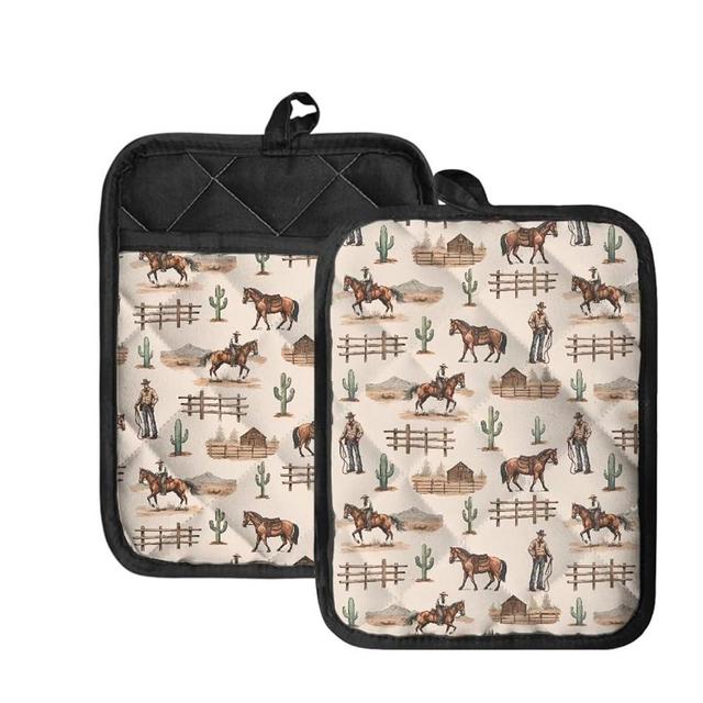 WELLFLYHOM Western Cowboy Pot Holder 2 Pack Heat Resistant Hot Pads with Pockets Southwest Aztec Potholder Multipurpose Oven Mitts Kitchen Gloves Baking Cooking Bag, 7.4"x9.6"