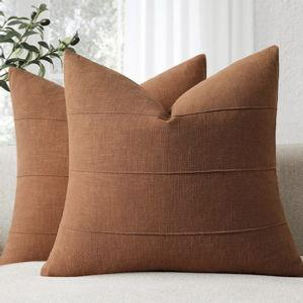 Decorative Linen Throw Pillow Covers 16x16 Set of 2 (Rust)