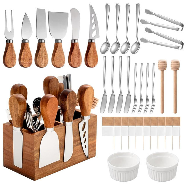 Hushee 44 Pcs Charcuterie Boards Accessories with Magnetic Acacia Wood Holder Wooden Cheese Knife Set for Wood Handle Knives for Cheese Knife Slicer with Tongs, Spoons, Forks, Honey Dipper (Style 2)