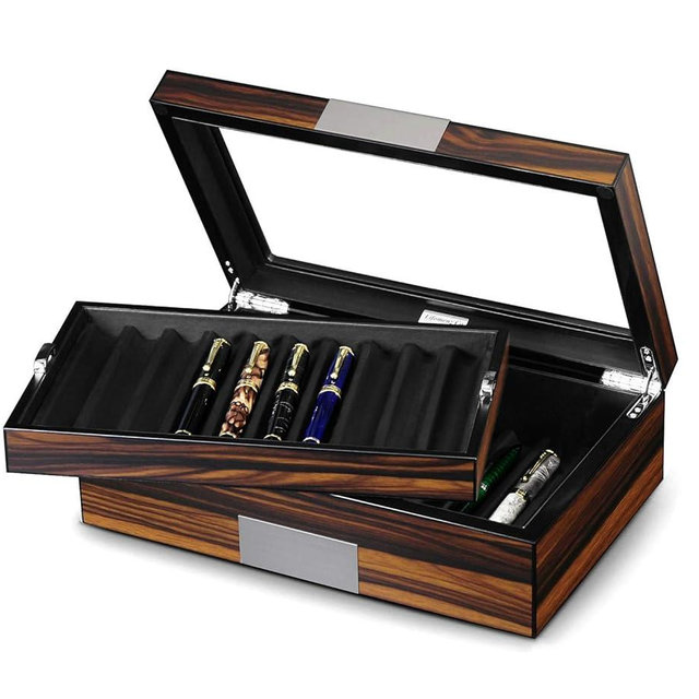 Lifomenz Co Pen Display Box Ebony Wood Display Case with Glass Window and Tray - Holds Up to 20 Pens