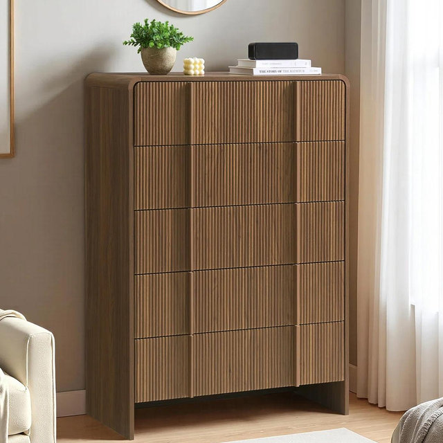 Rilton 8-Drawer Tall Dresser with Louvered Front, Vertical Storage Chest for Bedroom, Natural Wood Look - Brown