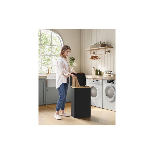 SONGMICS Laundry Hamper with Lid, Large Laundry Basket, 23.8 Gallons , Removable Mesh Liner, Bamboo Handles, Collapsible Ink Black