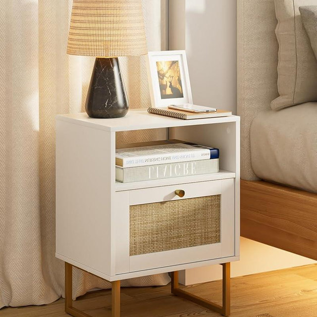 Acodaiuy Rattan Nightstand, Boho Night Stand Wood Farmhouse Bedside Table with Storage, End Side Accent Table for Bedroom,Living Room,White