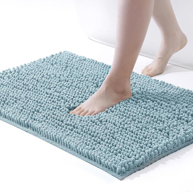 FRESHMINT Chenille Bathroom Rugs Mat 32"x20", Non-Slip Bath Mat for Bathroom Floor & Bathtub, Washable Shower Shag Bath Rugs, Soft Fluffy Thick Water Absorbent Microfiber Shower Mat, Aqua & White