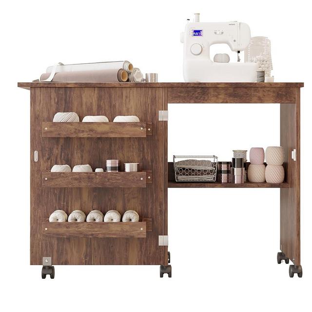 Usinso Folding Sewing Table Multifunctional Sewing Machine Cart Table Sewing Craft Cabinet Table with Storage Shelves Portable Rolling Sewing Desk Computer Desk with Lockable Casters(Rustic Brown)