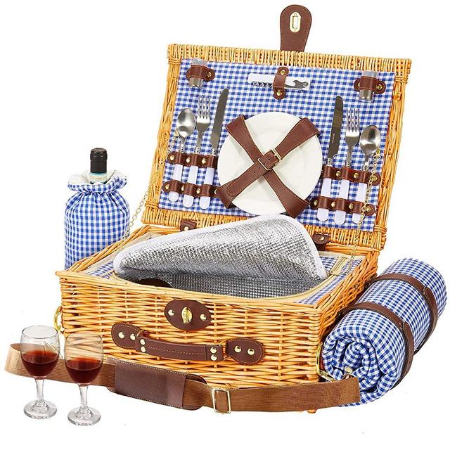 Greenstell Wicker Picnic Basket Sets for 2 Persons with High Sealing Insulation Layer,Waterproof Picnic Mat, Removable Strap and Wine Bag, Tableware, Picnic Basket for Family,Party,Outdoor,Camping