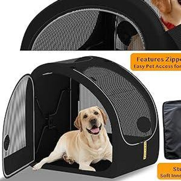 PAWZIDEA Portable Dog Crate for Car Travel, Collapsible Pet Travel Crates for Medium & Large Dogs, Enclosed Soft-Sided Car Kennel Carrier for Backseat, Secures w/Seatbelt & Headrest Strap, Chew-Proof
