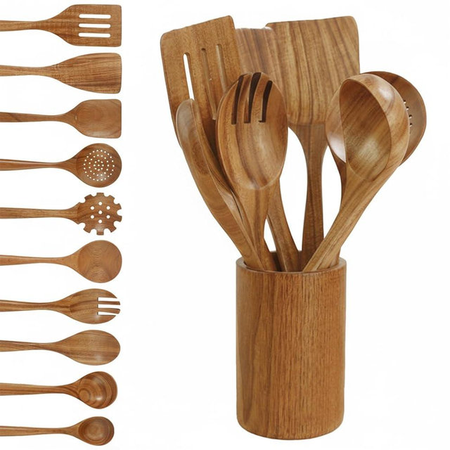 Solid Wood Cooking Utensils Set with Holder, Teak Wooden Kitchen Utensils (10 Piece Set)