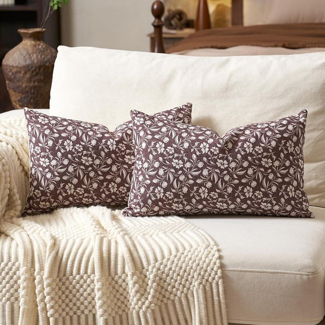 Aeckself Neutral Floral Lumbar Pillow Covers 12x20 Set of 2, Vintage Block Print Throw Pillow Covers Decorative Farmhouse Accent Couch Pillows for Living Room Bedroom, Burgundy Red