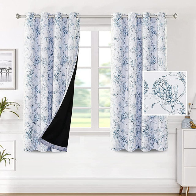 H.VERSAILTEX 100% Blackout Curtains for Bedroom Camellia Floral Blackout Curtains 63 Inches Long Light Blocking Window Treatment Curtains with Black Liner Grommet Thermal Drapes, 2 Panels, Stone Blue