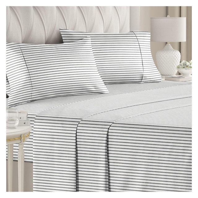 CGK Linens 4 Piece Microfiber Sheet Set in Gray Stripes, Size Queen