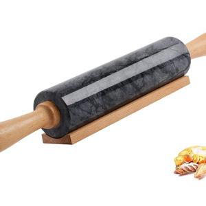 Marble Rolling Pin with Wooden Cradle Thick Handle Set for Baking,18.5 inch Premium Quality Polished Roller for Pizza Dough,Fondant,Pie Crust,Non-Stick Surface Easy to Clean(Black)