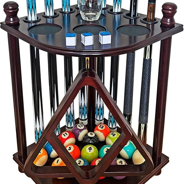 GACCO BILLIARDS Pool Cue Rack Hold up to 8 Sticks & Billiard Accessories. Floor Stand Pool Cue Stick Holder Made of 100% Solid Hardwood.(Traditional Mahogany)