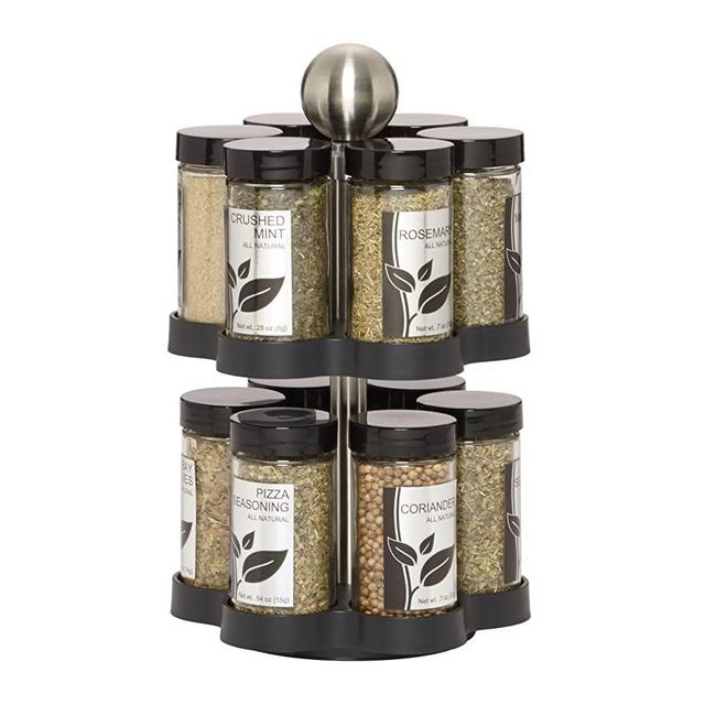 Kamenstein 5108304 Madison 12-Jar Revolving Countertop Spice Rack Organizer with Free Spice Refills for 5 Years, Black