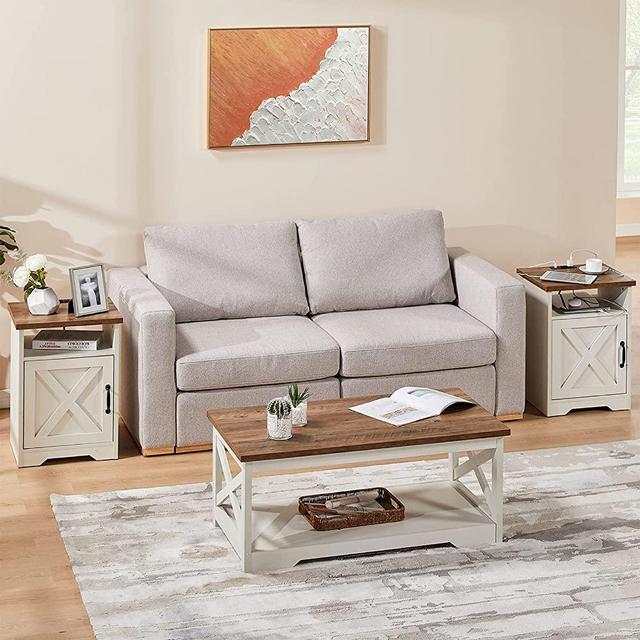 AMERLIFE 3-Piece Farmhouse Table Set Includes Coffee Table& Two End Tables, Side Table with Charging Station and USB Ports, for Living Room, Bedroom, Distressed White