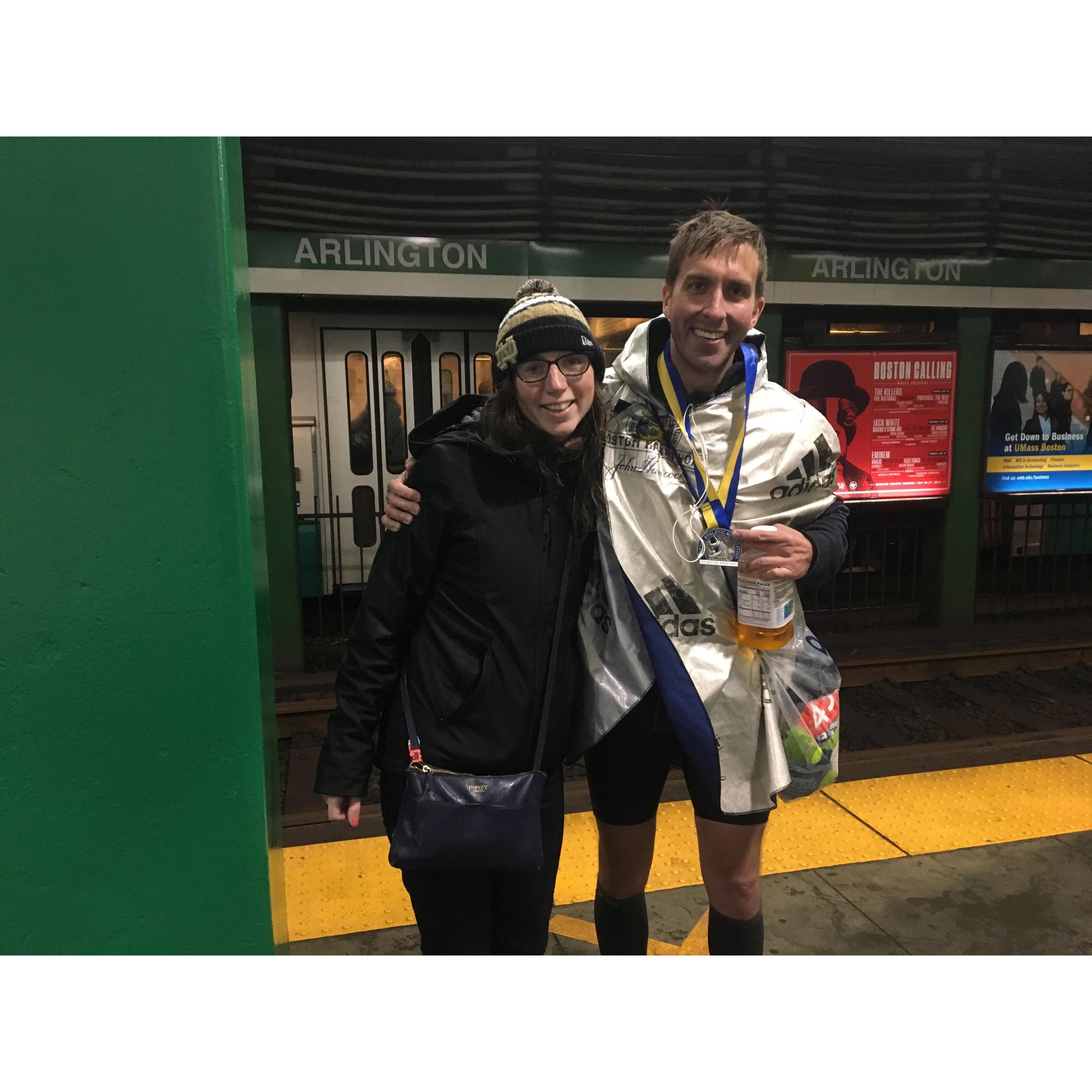 Completely soaked after Ryan's first Boston Marathon in April 2018.