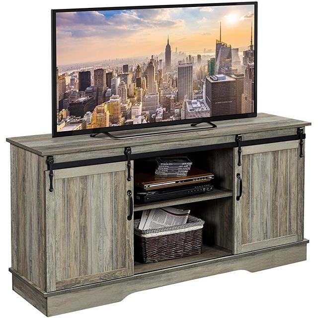 Yaheetech TV Stand for TVs Up to 65" with Sliding Barn Door, 58'' Farmhouse Media Entertainment Center TV Console Table with Adjustable Shelves for Living Room, Grey Wash