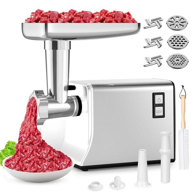 Electric Meat Grinder: [3500W Advanced Motor] [Ultra-Intelligent Thermal Protection] Upgraded Meat Grinder with 6 PCS Stainless Steel Blades&Grinding Plates, Sausage Stuffer Tubes&Kubbe (Pure Silver)