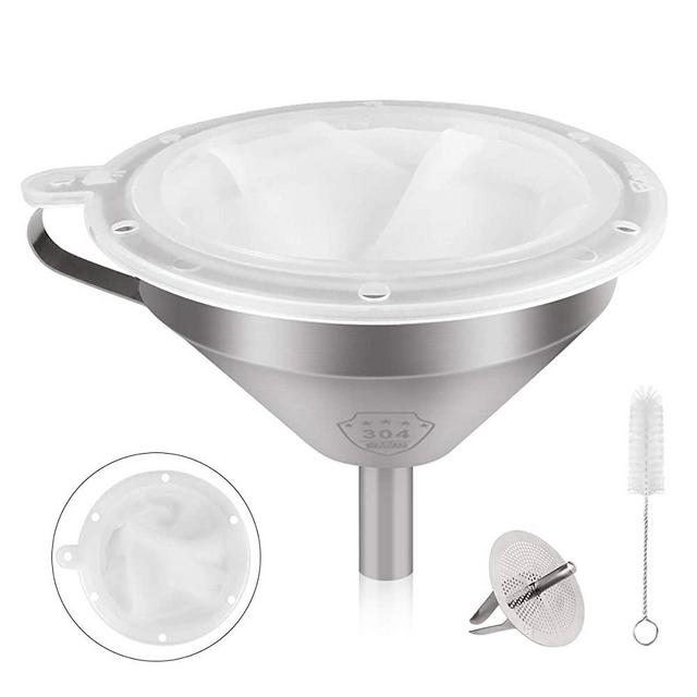 Stainless Steel Funnels for Kitchen, Food Grade Metal Funnels with 300 Mesh Food Filter, Detachable Strainer and Cleaning Brush for Transferring of Liquid, Fluid, Oil, Juice, Powder