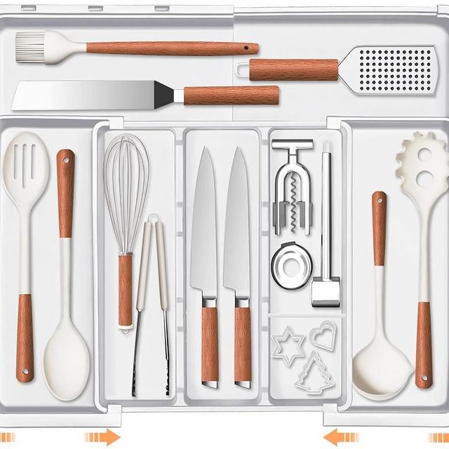 Spaclear Large Utensil Drawer Organizer Expandable Silverware Organizer for Kitchen Drawer Adjustable Cooking Utensil Holder Cutlery Flatware Tray Spatula Tools Gadgets Storage Dividers Plastic White