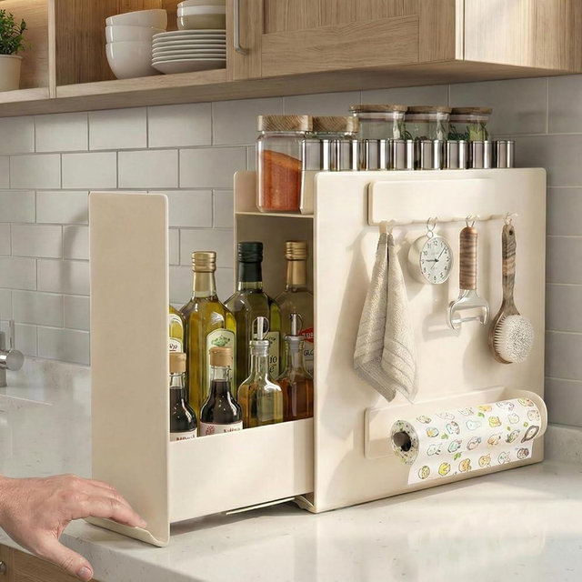 2 Tier No Assembly Pull Out Spice Rack Countertop, Sliding Drawer Seasoning Condiments for Tall Bottles, Steel Kitchen Countertop Organizer with Magnetic Panels with Paper Towel Holder and 4 Hooks