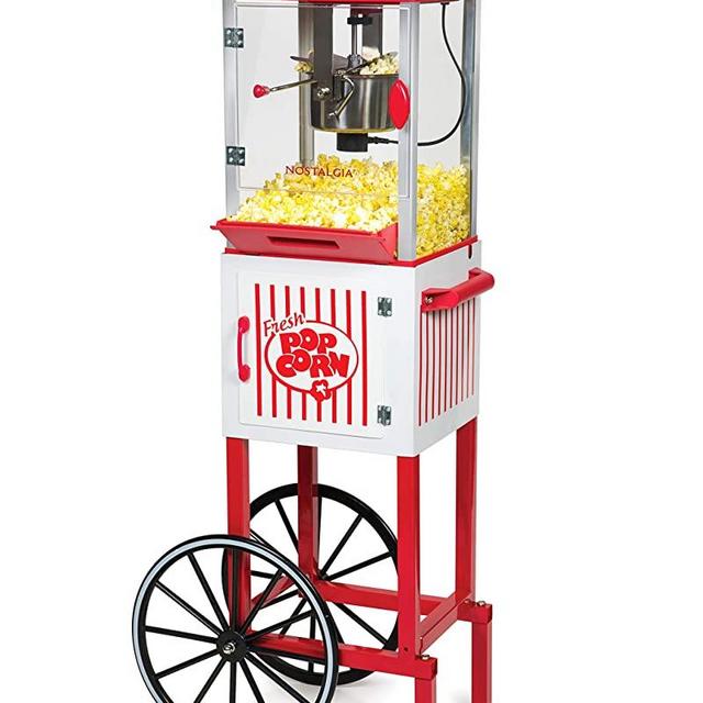 Nostalgia PC25RW 2.5 oz Popcorn & Concession Cart, 48" Tall, Makes 10 Cups, with Kernel & Oil Measuring Spoons & Scoop, 13" Wheels for Easy Mobility, Red/White