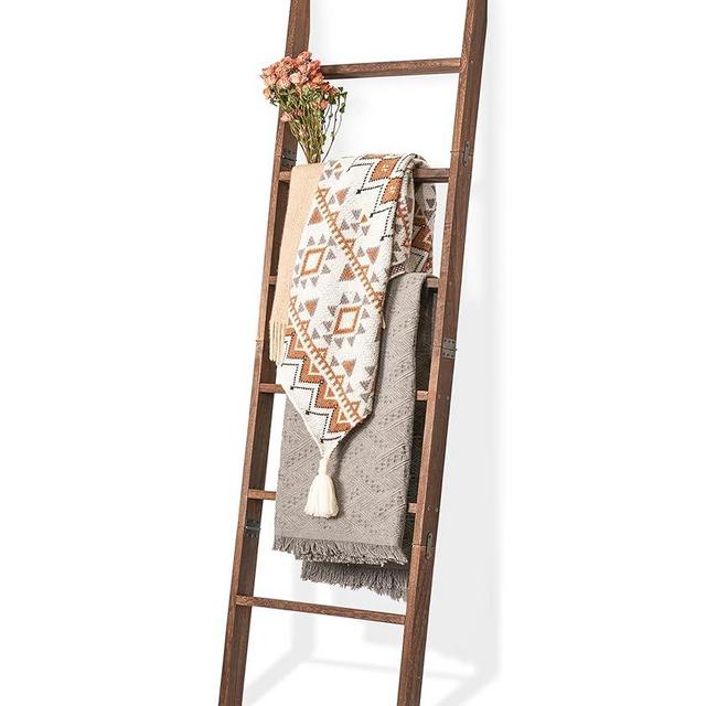 Blanket Ladder for The Living Room 6-Tier, Wooden Decorative Quilt Holder for Bed Room, Wall-Leaning Towel Rack for Bathroom，Rustic Farmhouse Ladders for Display. (Dark Brown)