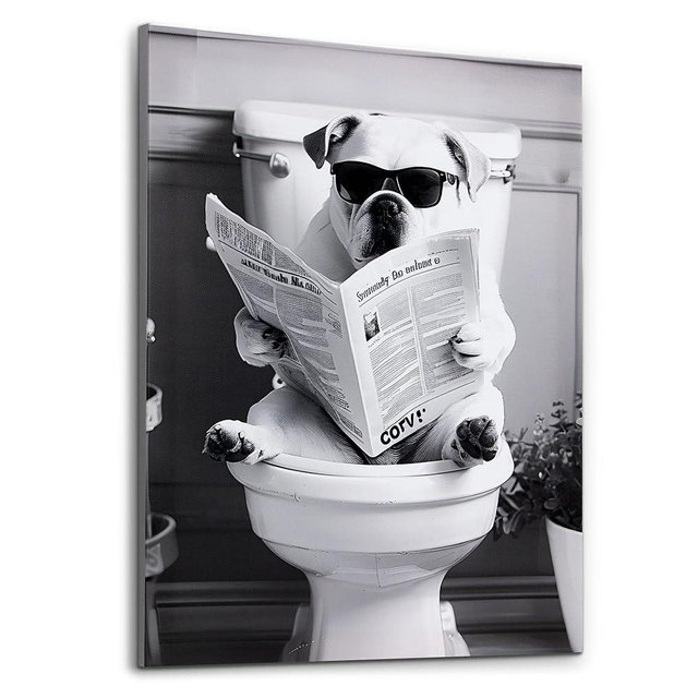 Deveosa Funny Bathroom Wall Art - Dog On Toilet Unique Cool Black And White Artwork For Restroom Paintings Animal Canvas Sings Decor Pictures Decorations 12x16inch