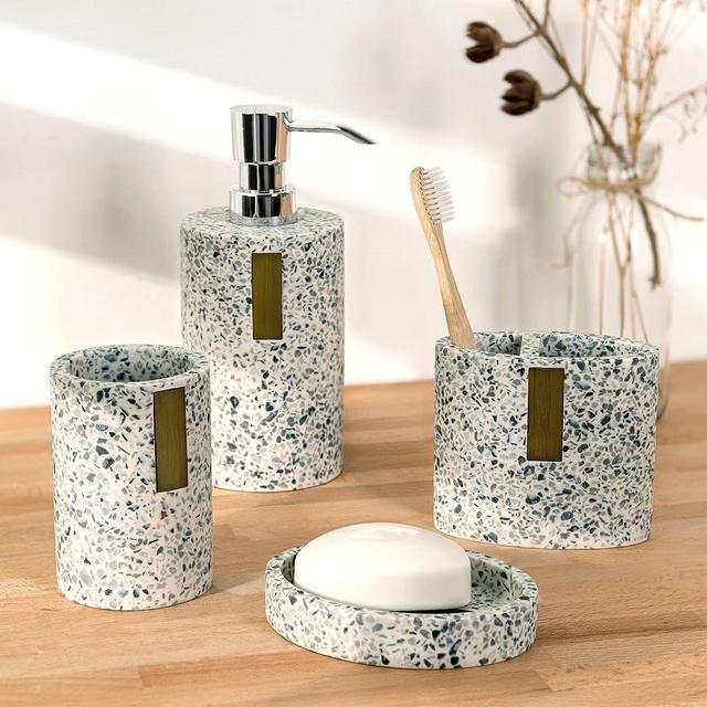 Allure Home Creation Lerrazzo 4-Piece Resin with Bamboo Bathroom Accessory Set in Grey/Natural Terrazzo Look Finish