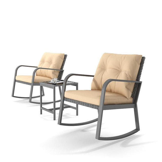 HLNPTN 3 Piece Patio Outdoor Rocking Chair, Outdoor Bistro Sets Wicker Patio Furniture Rocking Chairs Sectional Couch (Khaki)
