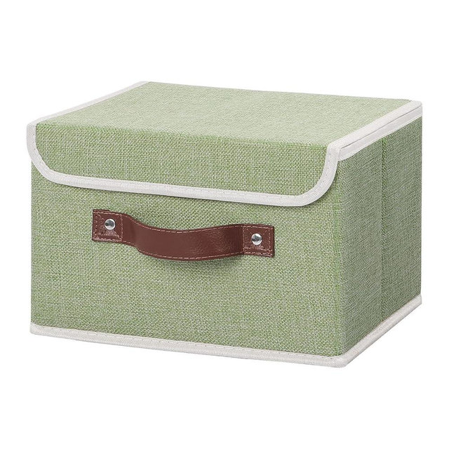 ANMINY Storage Bin with Lid Storage Boxes with PU Leather Handles PP Plastic Board Decorative Foldable Lidded Cotton Linen Fabric Home Cubes Baskets Closet Organizer Container - Green, Small Size