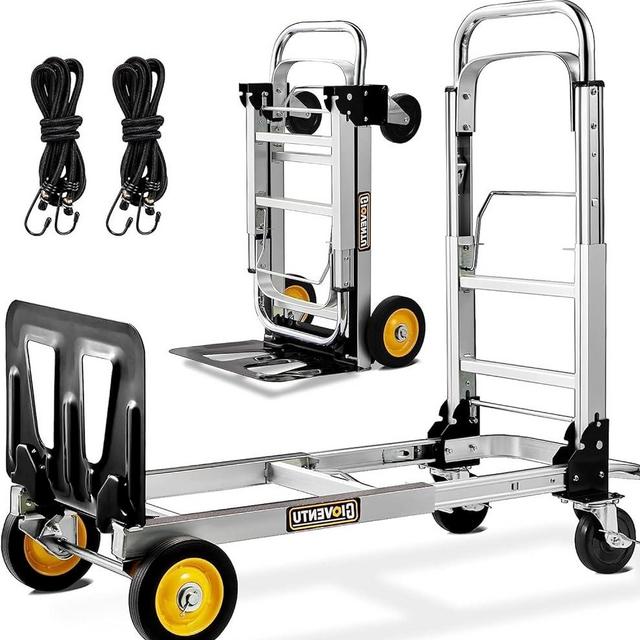 Upgrated Convertible 3-in-1 Hand Truck Dolly Folding 440 lbs Capacity, Aluminium Dolley Cart Portable with Rubber Brake-Wheels, Anti-Slip Strip and 2 Elastic Rope