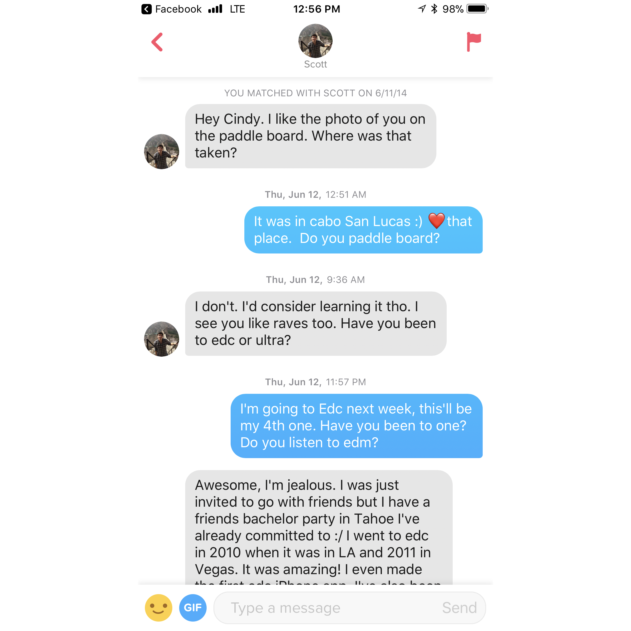 We matched on Tinder June 2014! These are the first messages we sent to eachother.
