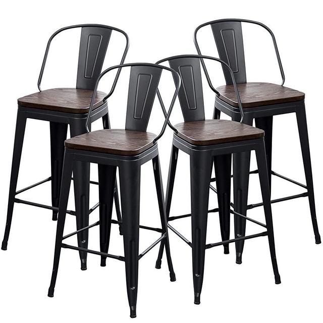 Yongqiang Metal Bar Stools Set of 4 Kitchen Stools Dining Bar Chairs High Back Barstools with Wooden Seat Industrial 24" Seat Height Matte Black