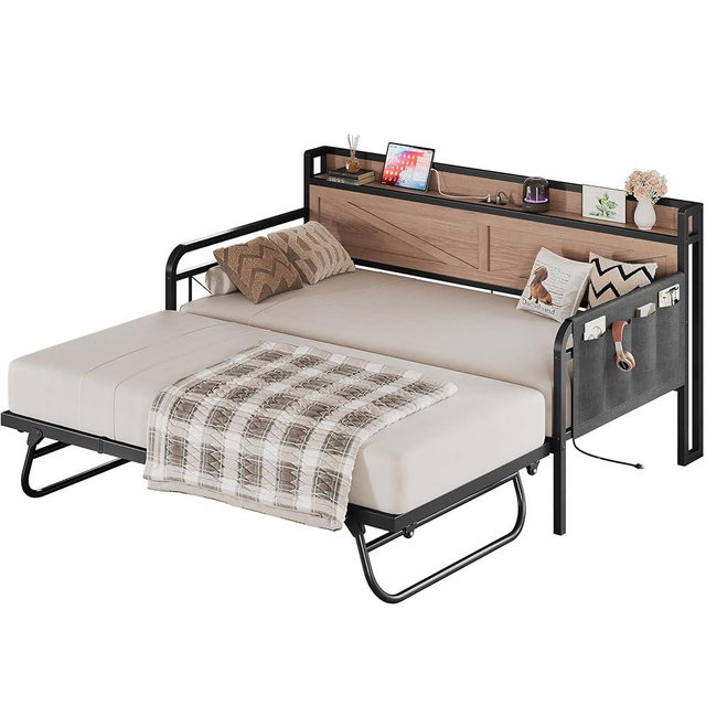 LIKIMIO Twin Daybed with Trundle Bed, Storage Headboard with Charging Station, Sofa Day Bed with Strong Supports for Living Room, Bedroom, and Guest Room, Wood Color