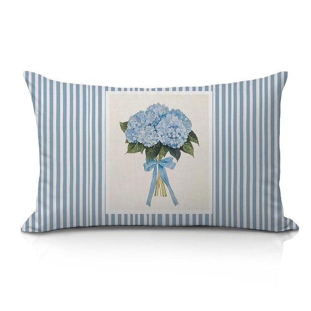 IAFQWDS Blue Hydrangea Floral 12x20 Pillow Cover, Blue Room Decor Aesthetic, Preppy Girly Hydrangea Flower Striped Lumbar Pillow Covers Decorative for Girls Bedroom College Dorm Apartment Sofa Couch