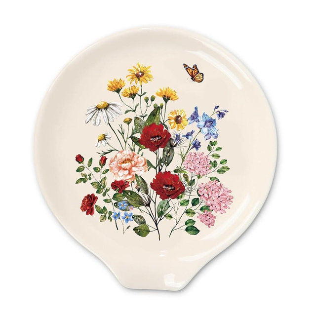 JarThenaAMCS 4.7inch Vintage Floral Spoon Rest Watercolor Wildflower Butterfly Small Coffee Spoon Holder for Spring Summer Kitchen Coffee Stirrers Teaspoon Bar Station Accessories