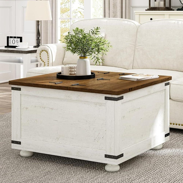 MaverickFurni Farmhouse Coffee Table with Storage, White Square Center Table with Hidden Storage Organizer for Living Room, Center Table with Hinged Flip-Top Lids