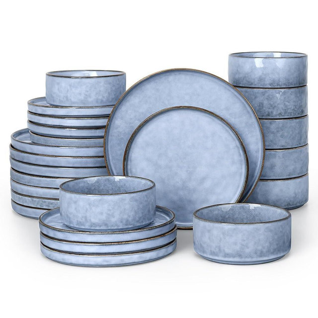LIANYU 24 Pcs Plates and Bowls Dinnerware Sets for 8, Stoneware Dinner Dish Set, Dishware for Dessert Salad Pasta, Microwave & Dishwasher Safe, Serenity Blue