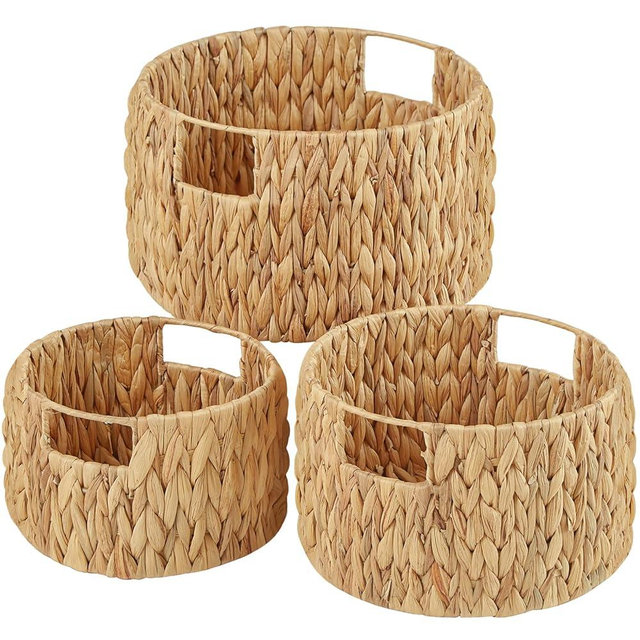 Vagusicc Wicker Storage Basket, Hand-Woven Water Hyacinth Large Round Woven Basket With Handles, Wicker Baskets for Organizing/Storage, 3-Pack