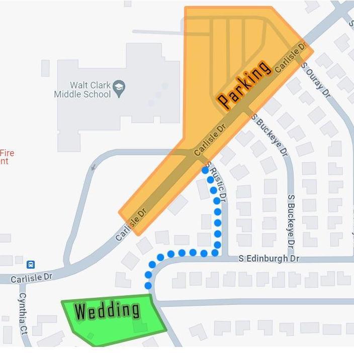 Parking and Walking Instructions: Please park along Carlisle Drive or in the Walt Clark Parking lot, then walk down South Rustic Drive and turn right onto Edinburgh Drive.