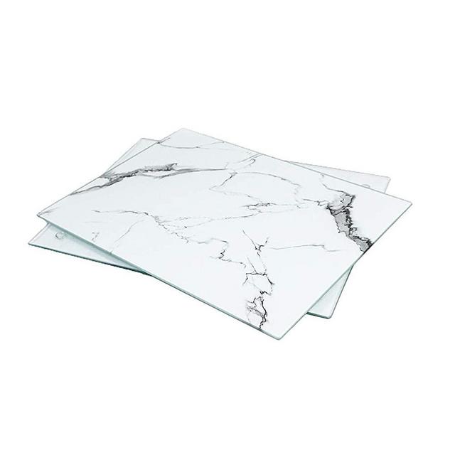 U HOME Glass Cutting Board 16 x 12 inch Set of 2, Decorative Square Marble Cutting Board for Kitchen with Tempered Glass White and Clear