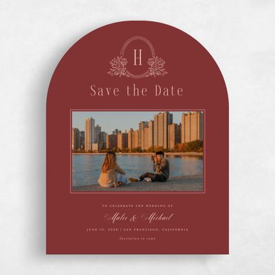 Red Arch Wedding Save the Date - Anthea Photo